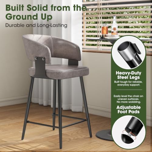 26" Counter Height Bar Chairs Set of 2, Padded Island Chairs, Gray
