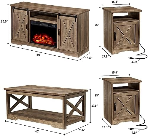 AMERLIFE Farmhouse 5 Piece Living Room Table Set, 59" TV Stand, Barnwood...