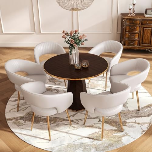 Hyfirm Leather Dining Chairs Set of 6 with Gold Metal Legs, Modern Cream