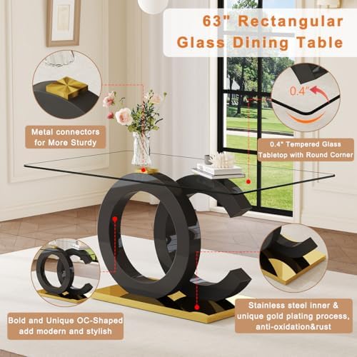Glass Dining Table Set for 6,Modern Black Gold Dining Table Set,63" | Tempered Glass,Black OC-Shaped Legs,Gold Base,Black Cantilever Chairs,Dinner Table Set for 6, for Kitchen,Dining room