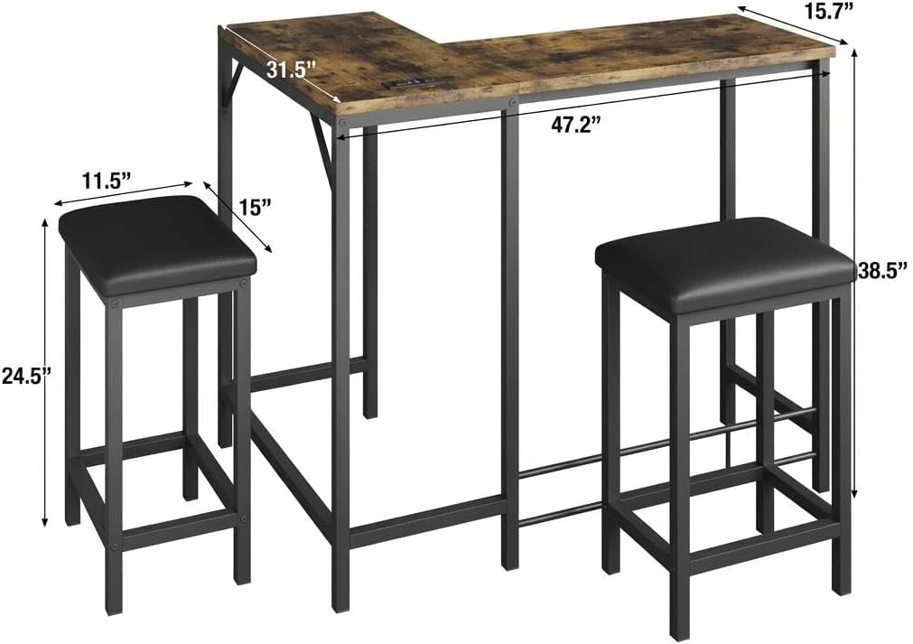 Takywep Bar Table and Chairs Set 3 Pcs, Convertible l Shaped Kitchen Bar Table with 2 Stools and Power Outlets, Space Saving Counter Height Dining Set for Apartment and Small Kitchen