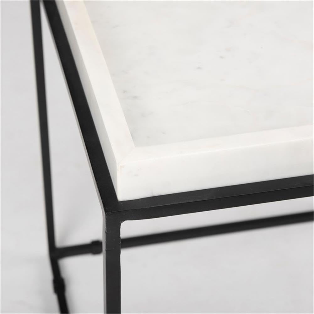 Pemberly Row Square White Marble and Black Metal End Table, 18 in x 18 in x 2...