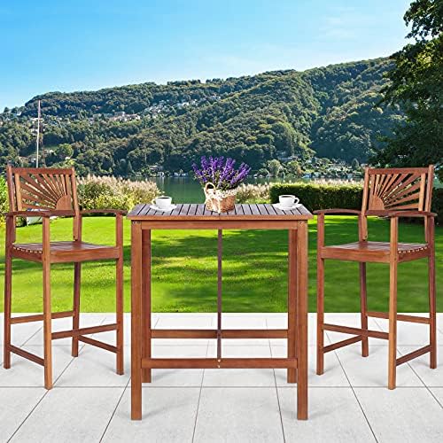 COSTWAY 3PCS Bar Table Set, Outdoor Acacia Wood Dining Set