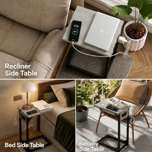 TEMI C Shaped End Table for Couch with Charging Station, Small Side Table TV ...
