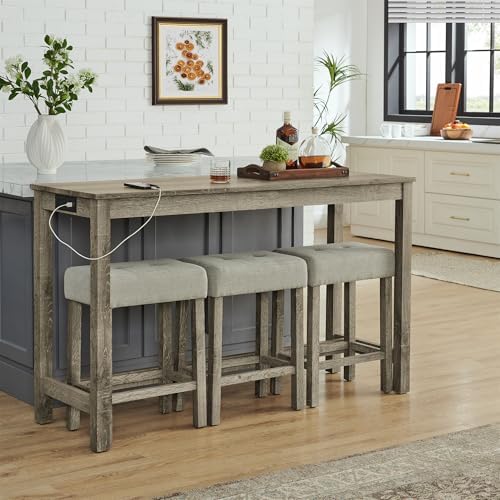 Merax 59" Bar Table Set with Power Outlet,Industrial Breakfast Table wit...
