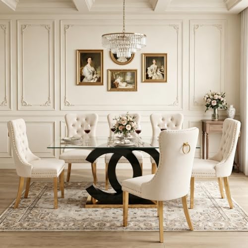 Glass Dining Table Set for 6,Modern Black Gold Dining Table Set,63" | Te...