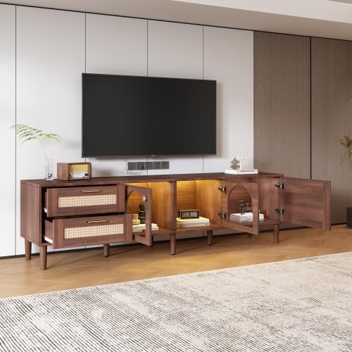 Bellemave Modern TV Stand with LED Lights & Glass Doors, Rattan Media Console with 3 Cabinets & 2 Drawers for up to 80", Solid Wood Entertainment Center for Living Room, Home Theatre (Dark Brown)