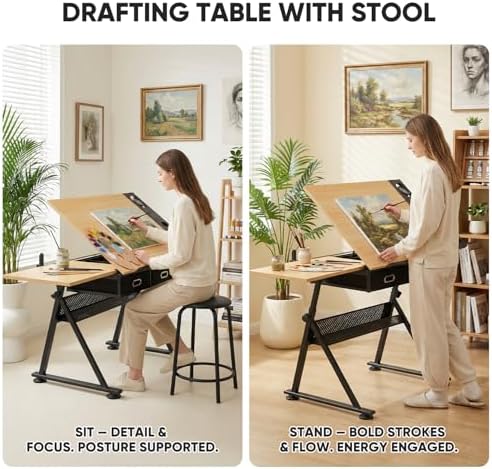 Magshion Drafting Table for Adults w/Stool, Natural