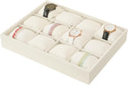 Coward Beige Velvet Watch Bangle Organizer Tray, Velvet 12 Grids Tray for Watches Bracelets Jade Bangle Holder Selling Show