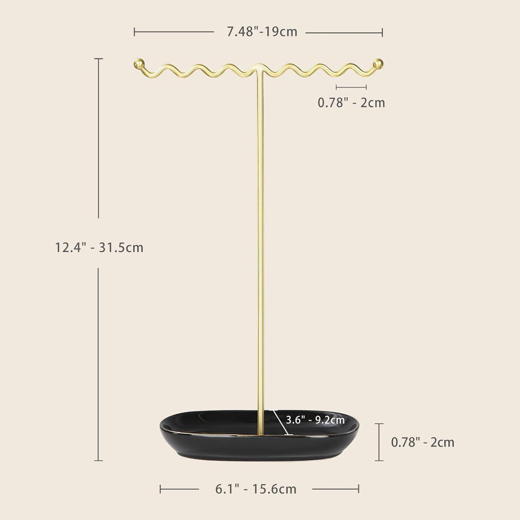 Elegant Jewelry Holder Stand: Metal Tree & Ceramic Tray Organizer for Necklaces, Rings, Earrings - Durable, Rustproof Display Holder Easy to Access Deluxe Black