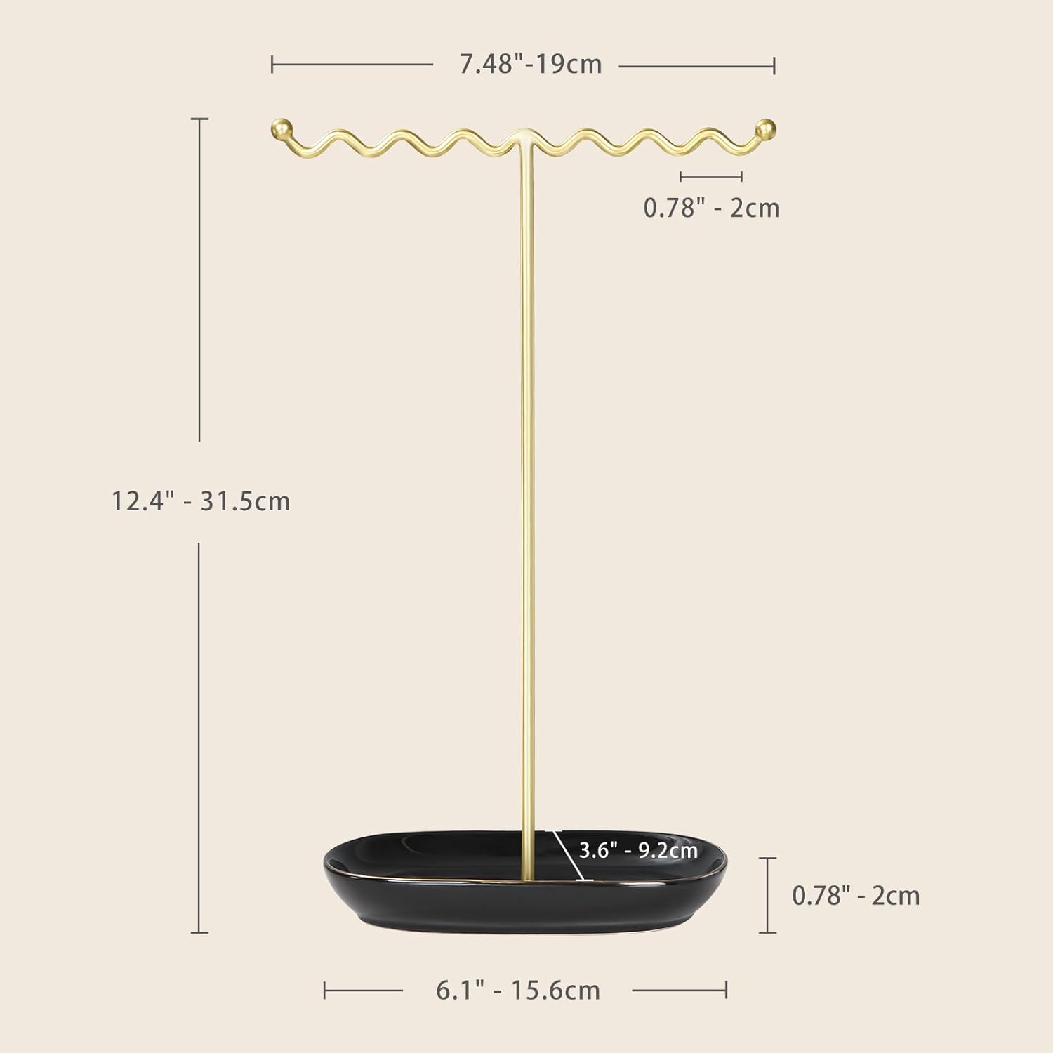 Elegant Jewelry Holder Stand: Metal Tree & Ceramic Tray Organizer for Necklaces, Rings, Earrings - Durable, Rustproof Display Holder Easy to Access Deluxe Black