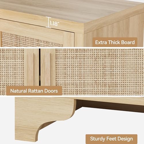 GarveeHome 4-Door Sideboard Buffet Cabinet, Natural Rattan Storage Cabinet, B...