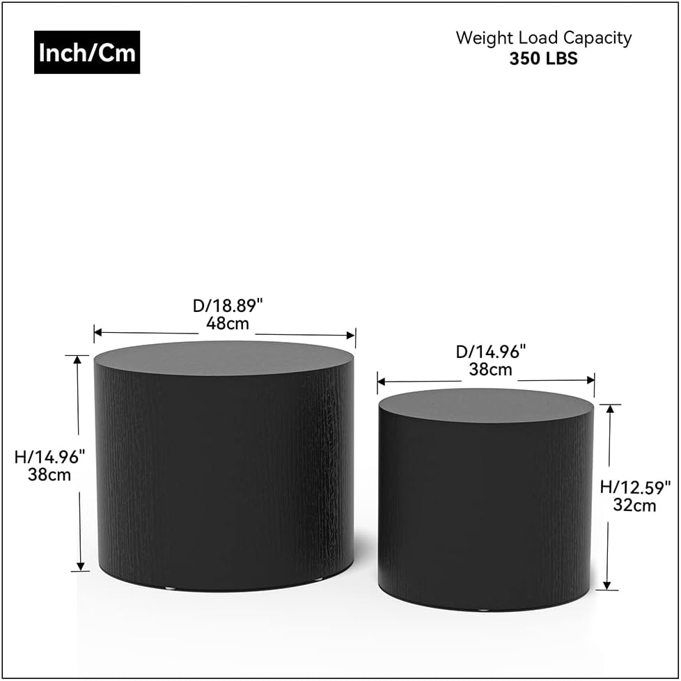 WILLIAMSPACE Nesting Coffee Table Set of 2, Black Round Wooden Modern Circle Table for Small Space Living Room Bedroom Accent End Side Table (Black-Round)