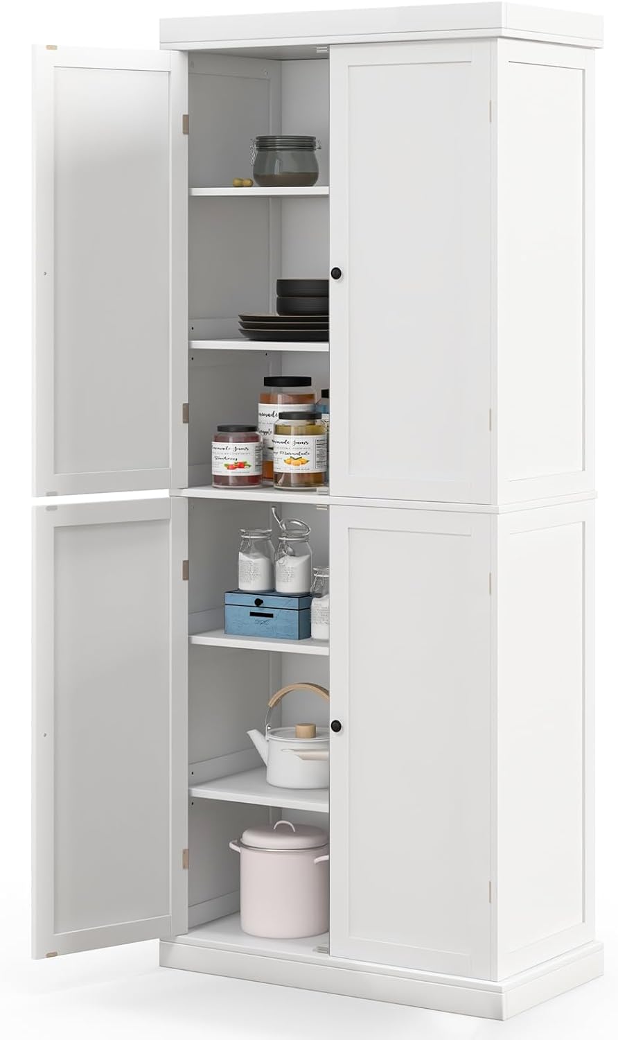 TANGZON 184CM Tall Kitchen Cupboard, 6-Tier Pantry Storage Cabinet with 4 Doo...