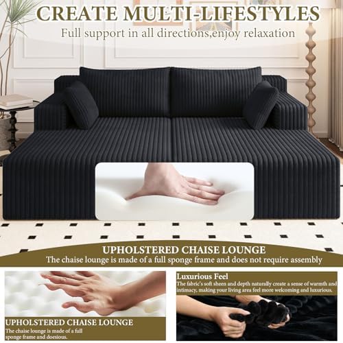 71" Oversized Double Chaise Lounges Indoor, Upholstered Corduroy Oversized Chaise Lounge Chair, Modern Sleeper Loveseat Chair Boneless Cloud Couch for Living Room Bedroom Reading (Black)