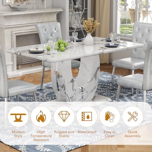 JUFU 63-Inch Faux Marble Dining Table Set for 6, Gray Chairs, Silver Legs