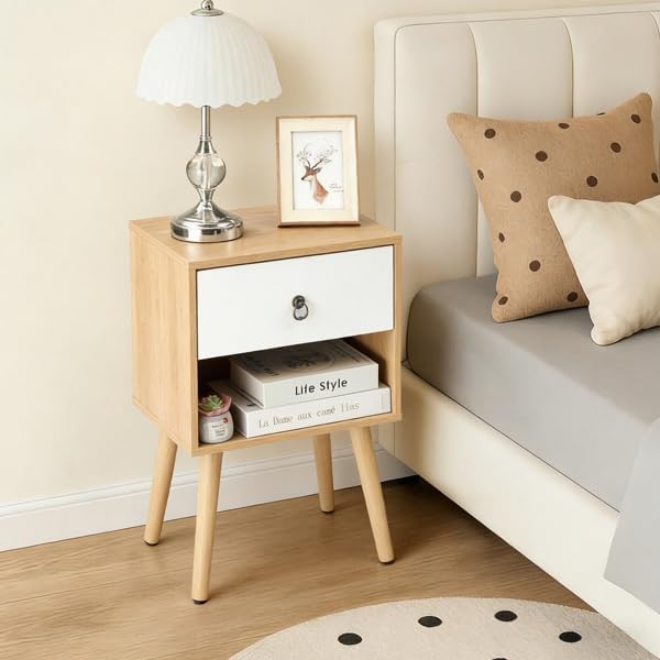 Mid-Century Modern Nightstand with Drawer and Open Shelf, Bedside Table with ...