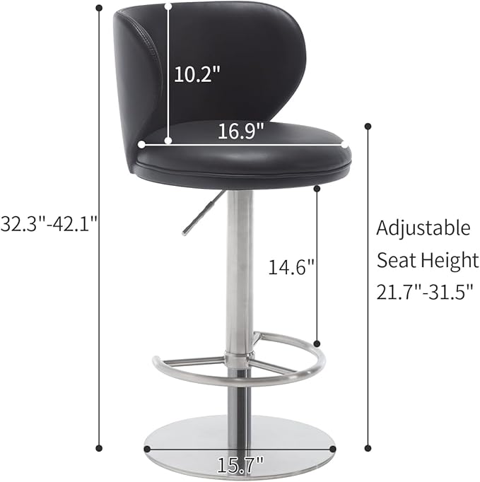 Stainless Steel Bar Stools,Grade Modern Leather Bar Chair with Backrest,Swivel Adjustable Height for Kitchen Counter and Dining Room (Black Leather-1pc)