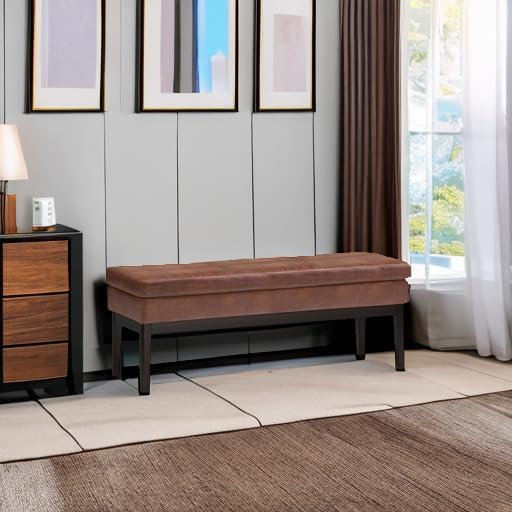 SIMPLIHOME Carlson Ottoman Bench in Distressed Saddle Solid Hardwood Frame with Vegan Faux Leather Upholstery, Vintage-Inspired Seating for Living Room, 44.5" Wide, Brown