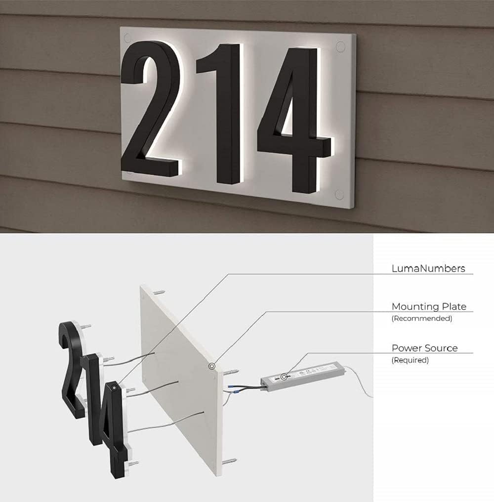 7 Inch Backlit LED House Number, ABS Polymer, 2700K Warm Light (6, Black)