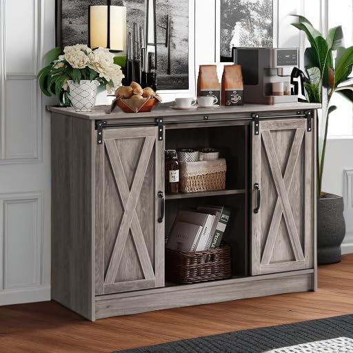 4 EVER WINNER Farmhouse Coffee Bar, 42 Inch Coffee Bar Cabinet, Wash Grey