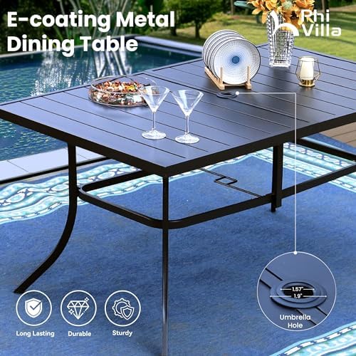 PHI VILLA Outdoor Dining Set with Umbrella for 6, Swivel Mesh Chairs
