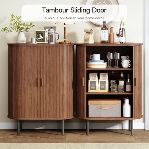 ONBRILL 44" Tall Sideboard Storage Buffet Cabinet with Sliding Door, Walnut