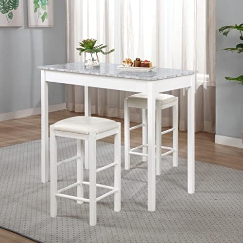 Linon White 3 Piece Faux Marble Tavern Set