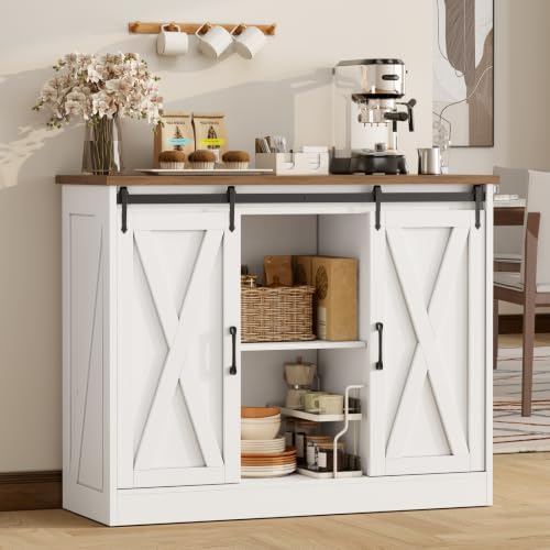 Farmhouse Coffee Bar Cabinet, 42" Buffet Cabinet with 2 Sliding Barn Doo...