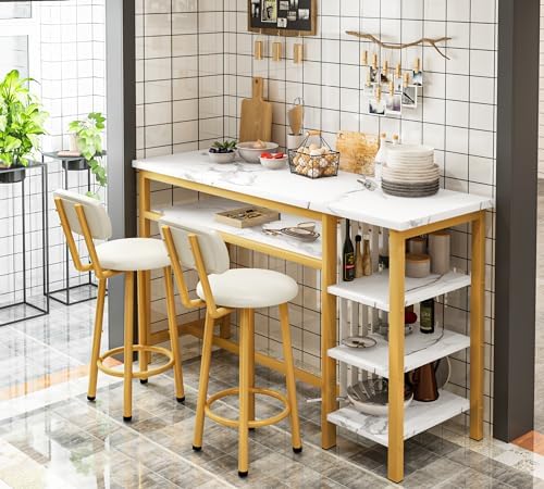 AWQM 3-Piece Bar Table and Chairs Set, Modern White Faux Marble Table with 2 ...