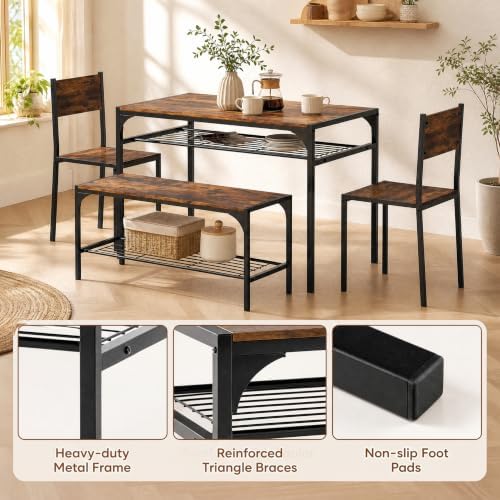 COSTWAY Dining Table Set for 4 with Bench & 2 Chairs, Storage Racks