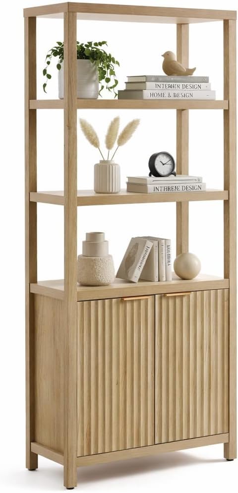 OAKHAM HOME 71" Tall Fluted Bookshelf with Cabinet, 5-Tier Large Bookcase with Adjustable Shelves and Doors, Storage Book Shelf for Living Room, Bedroom, Office (Golded Oak, 1PCS) | 5-Tier Large Bookcase,Adjustable Shelves,for Living Room, Bedroom, Office