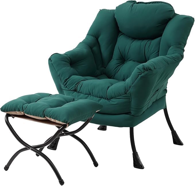 Tiita Lazy Chair with Ottoman, Modern Large Accent Lounge Armchair, Comfy Leisure Sofa Reading Chair with Footrest for Bedroom, Living Room, Dorm Rooms, Garden and Courtyard, Green