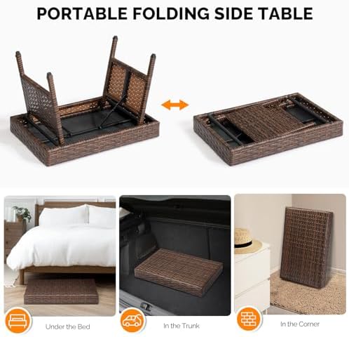 VINGLI Outdoor Folding Rattan Side Table, Portable Wicker End Table for Patio...