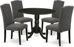 East West Furniture DLEN5-BLK-20 5 Piece Dining Set Includes a Round Dining Room Table with Dropleaf and 4 Dark Gotham Linen Fabric Upholstered Parson Chairs, 42x42 Inch, Black