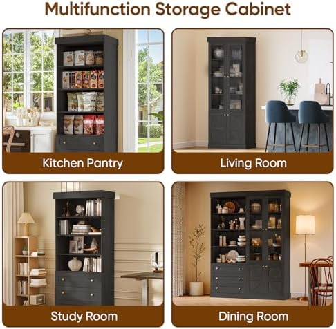 Vyre 71" Tall Farmhouse Kitchen Pantry, Set of 3 Large Storage Cabinets with 3 Drawers, Adjustable Shelves, Wood Versatile Hutch Cabinet for Living Room, Dining Room, Black