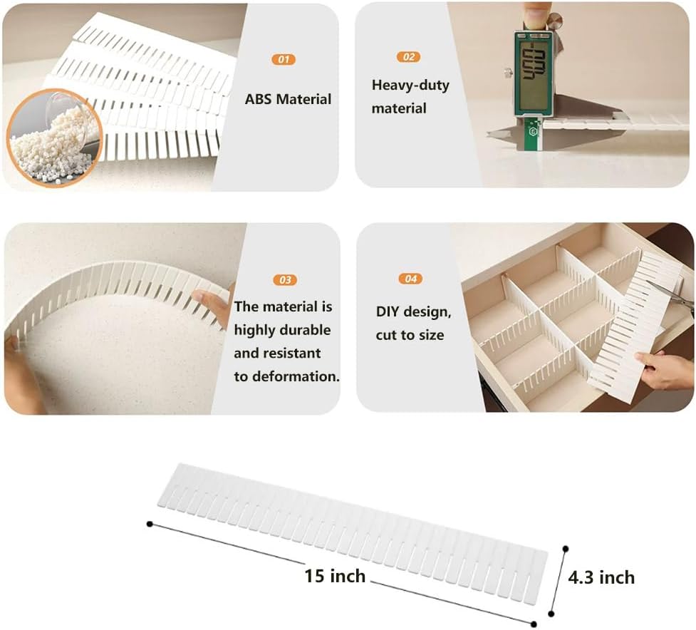 Adjustable Plastic Drawer Separators, 15 PCS Dividers + 25 Connectors, 14.96" Length x 4.33" Height, Cuttable Storage Organizer for Socks, Garments, Kitchen Tools, Bedroom & Bathroom Drawers