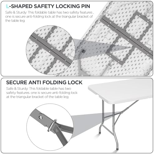 Folding Table Picnic Table, 8 ft Camping Table with Handle and Safety Locks |...