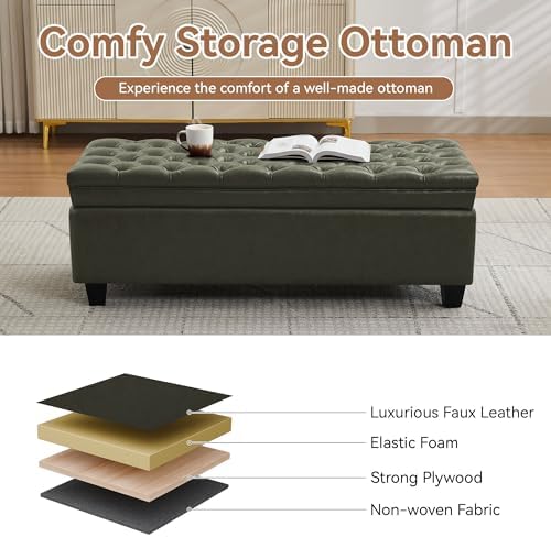 WUTUTUEE 50" Faux Leather Storage Ottoman Bench, End of Bed Upholstered Rectangle Storage Ottoman Tufted Living Room Bedroom Bench with Safety Hinge, Solid Wood Legs, Loads 500 lb(Green)