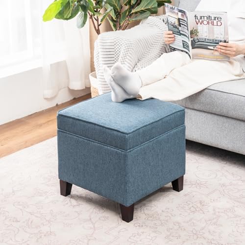 Linen Storage Ottoman with Wooden Legs, 17" Square Upholstered Flip-Top ...