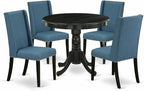 East West Furniture ANFL5-ABK-21 5 Piece Dinette Set for 4 Includes a Round Kitchen Table with Pedestal and 4 Blue Linen Fabric Parsons Dining Chairs, 36x36 Inch, Wirebrushed Black