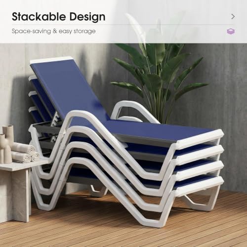 PURPLE LEAF Lounge Chair Outdoor Set of 2 w/Armrest for Poolside Navy Blue | ...
