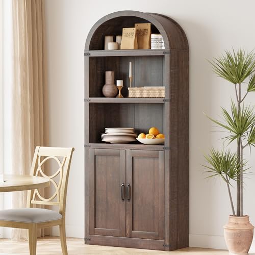GarveeHome Bookcase with Doors Arched Bookshelf 71.65in Tall Bookcase Farmhou...