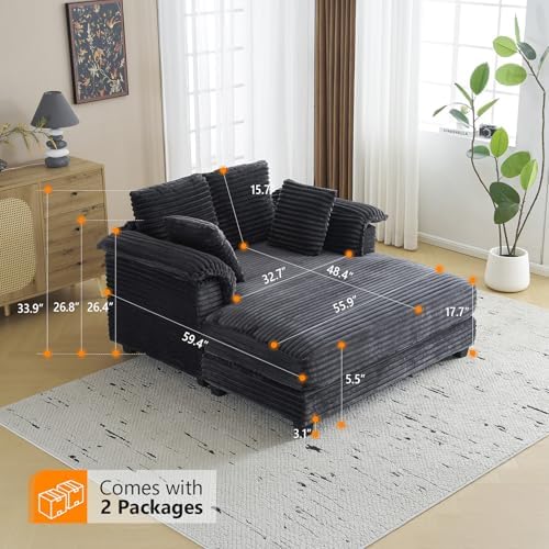 VINGLI 56" Oversized Chaise Lounge Chair, Dark Grey Comfy Corduroy Chais...