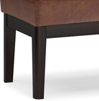 SIMPLIHOME Carlson Ottoman Bench in Distressed Saddle Solid Hardwood Frame with Vegan Faux Leather Upholstery, Vintage-Inspired Seating for Living Room, 44.5" Wide, Brown