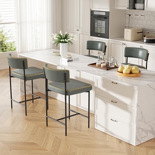Bar Stools Set of 2, Faux Leather Counter Height Barstools with Curved Back, ...