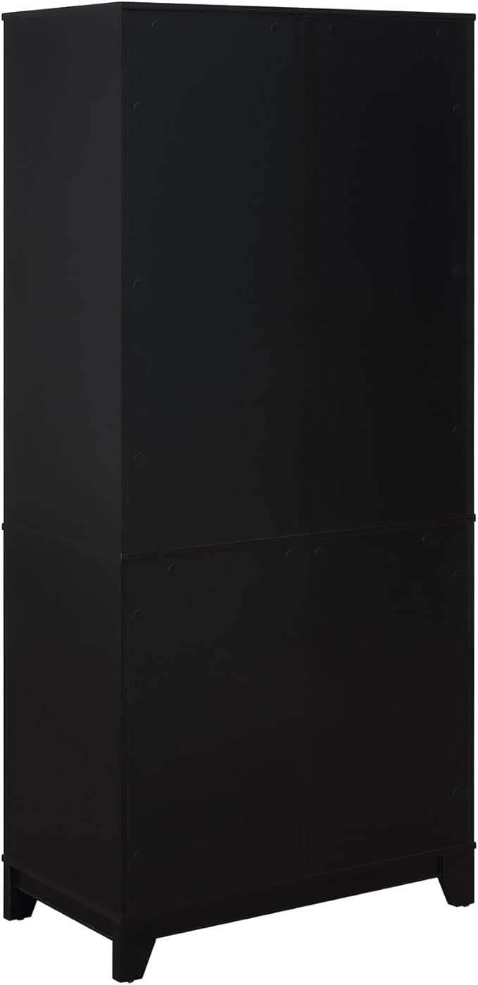 Manhattan Comfort Sheridan Modern Cane Bookcase with Adjustable Open Shelves, Soft Close Doors, and Concealed Compartments, Versatile 3 Tier Bookshelf Storage for Home and Office, Set of 2, Black