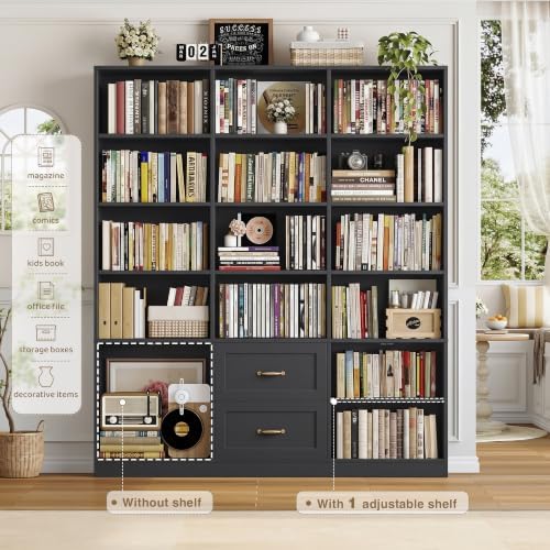 HOSTACK 71" Tall Triple Wide Bookshelf with Storage Drawers & Doors,...