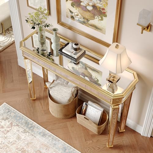 Gold Mirrored Console Table, 48" Rectangle Glass Sofa Table with Mirrore...