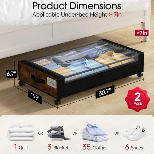 Yecaye Under Bed Storage with Wheels, 2Pack Under Bed Storage Containers, Underbed Shoe Storage Organizer, Rolling Under Bed Metal Drawers for Clothes, Blankets, Brown